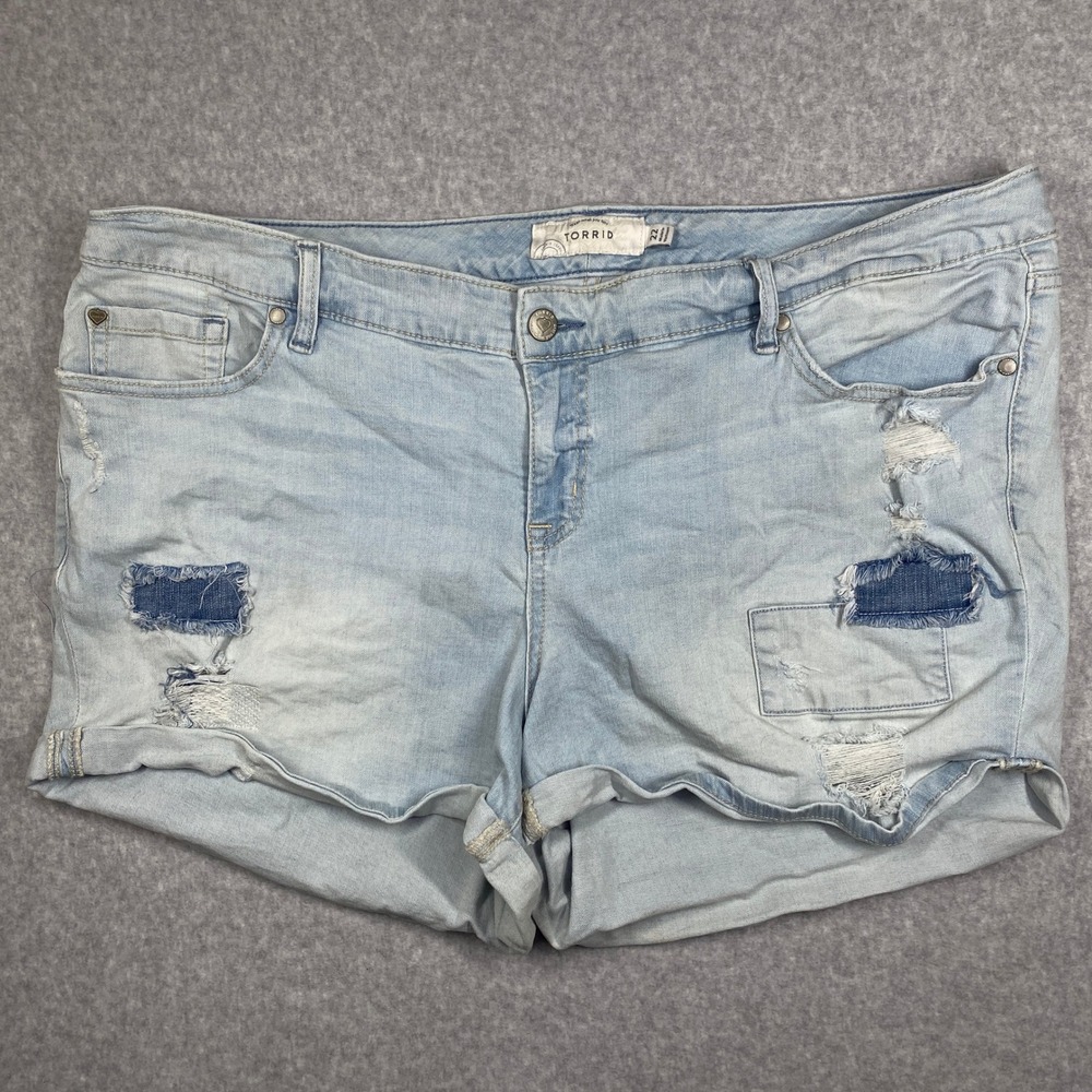 Torrid Denim Shorts Womens 22 Light Blue Excellent Distressed Patched Cuffed